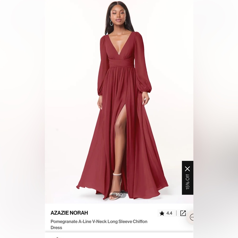 Azazie A-Line V-Neck Long Sleeve Chiffon Dress, in Pomegranate, Azazie Norah